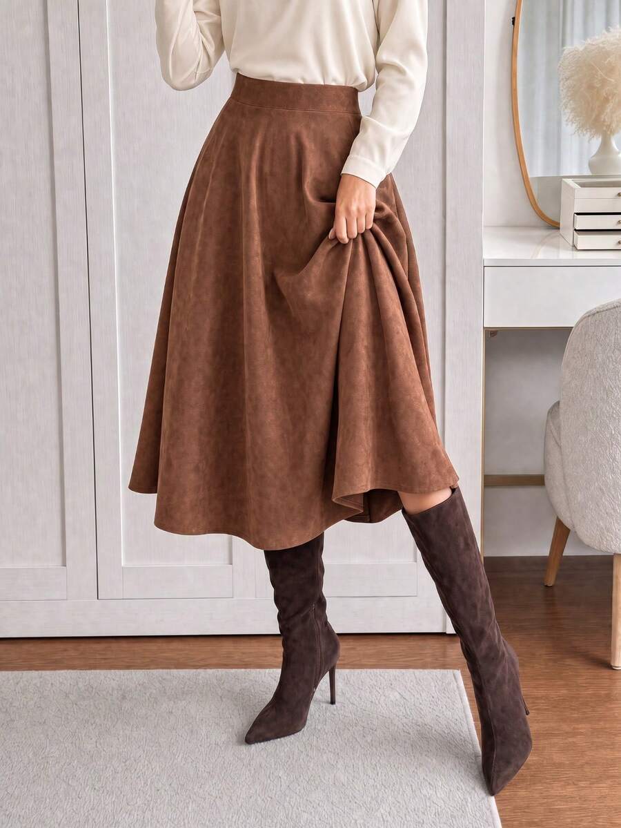 SHEIN Clasi 女款純色休閒百搭日常穿著優雅裙 秋季辦公室茶會早午餐工作穿搭 感恩節新年棕色仿麂皮 - 鏽棕色 - 查看 1