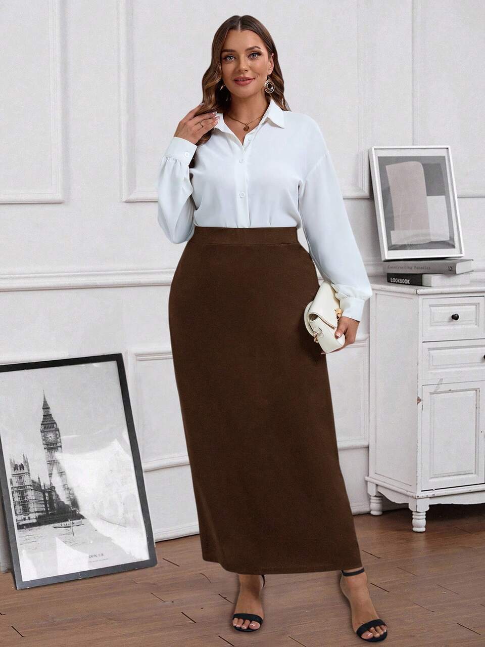Plus Size Women Solid Color Long Straight Casual Skirt Fall