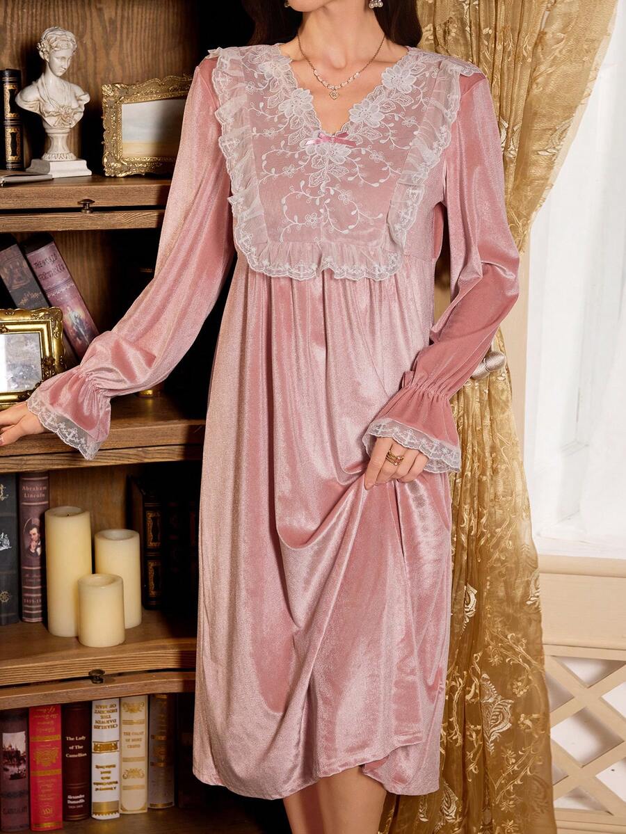 PalaceNights Embroidered Lace V-Neck Velvet Long Sleeve Long Comfortable Soft Women's Nightgown Lounge Sleep Dusty Pink Autumn Elegant - Pink - View 1