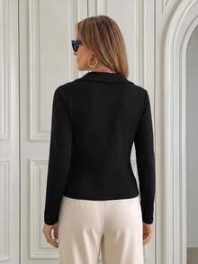 Miaspire Blusas elegantes, cruzadas con cuello en V, blusas sociales para el trabajo, alta elasticidad, cálidas y suaves, negras, ajuste ceñido con fruncido, para oficina y fiestas, ropa de otoño e invierno - Negro - Ver 2
