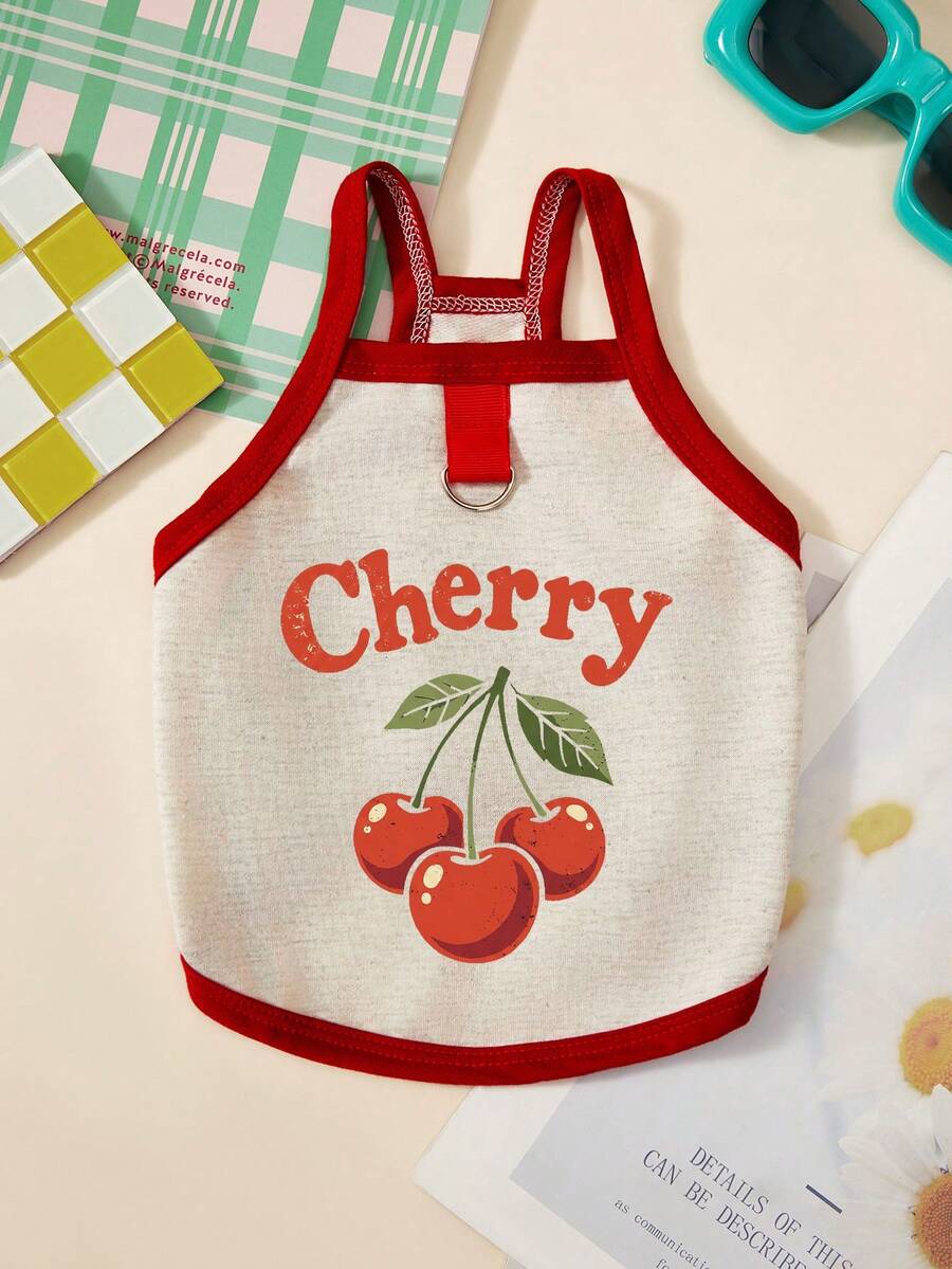 PETSIN 1pc Red Cherry Letter Printed Pet Tank Top Grey Patchwork Red Breathable, Gentle And Comfortable Pet Clothing - Multicolor - View 1
