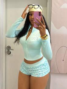 StreetHx Women's Spring/Autumn Y2K 2000s Rhinestone Long Sleeve 2 Pieces Set Pastel White Animal Print Cropped Top High Waist Leopard Print Shorts Gym - Multicolor - View 3