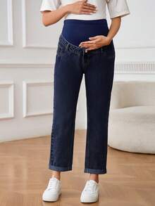 SHEIN 孕婦可調腰圍休閒日常穿著牛仔褲 - 深色水洗藍 - 查看 7