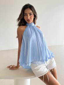 Aloruh Women's Elegant Shiny Pink Backless Top - Baby Blue - View 6