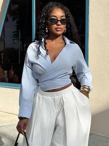 Alexandranx Women's Loose Oblique Collar Tie Front Long Sleeve Casual Summer Blouse - Blue - View 3