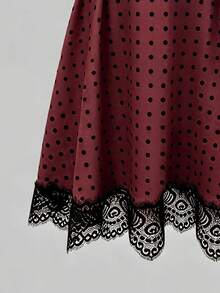SHEIN Women's Polka Dot Pattern Contrast Lace Hem Elegant Pleated Skirt - Burgundy - View 5