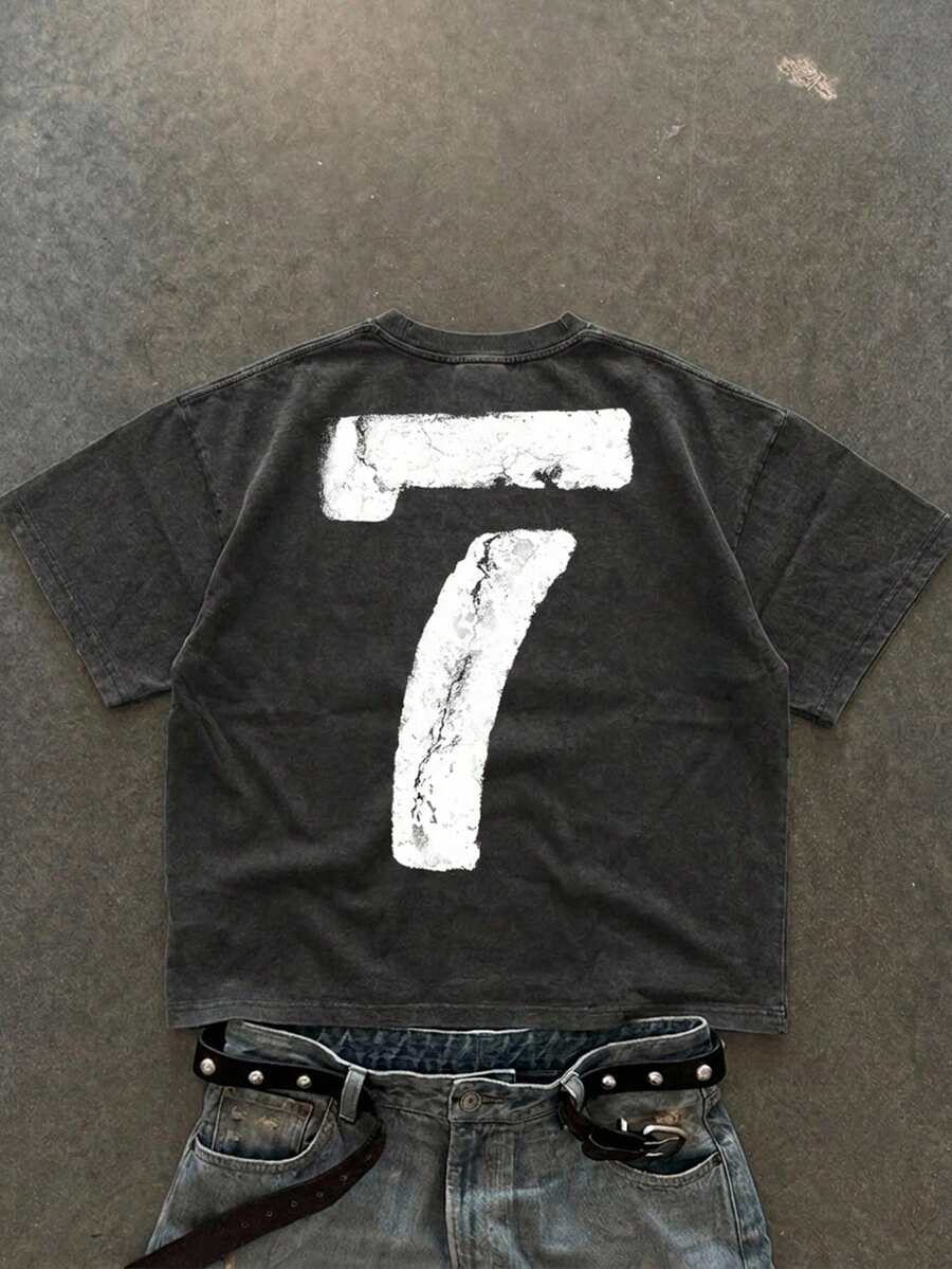 Manfinity ZONE917 男款 7 號水洗棉 T 恤,度假風 - 黑色 - 查看 1