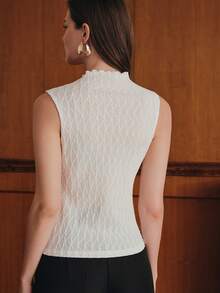 Anewsta Atasan Tank Top Tanpa Lengan Bertekstur Pas Badan dengan Trim Rumbai Warna Beige Aprikot Awal Musim Gugur untuk Wanita - Krem - View 7