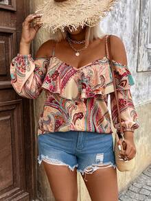 Breezaya Plus Size Cashew Flower Paisley Print Open Shoulder Ruffle Camisole Puff Long Sleeve Blouse For Women, Flattering Vacation Style Floral Shirt Fall - Multicolor - View 5