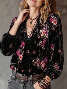 Linhara CURVE Plus Size Lady's Velvet Casual Printed Shirt - Black - View 5