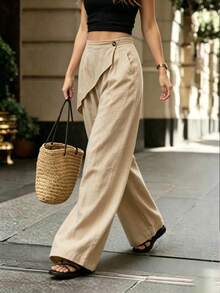 Breezaya Plus Size Asymmetrical Side Button Slant Panel High Waist Drape Textured Wide Leg Long Casual Pants For Women - Apricot - View 7