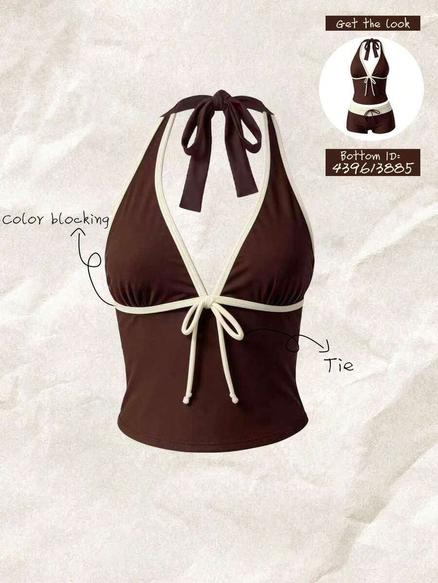 Elavelle Women's Contrast Piping Bowknot Spaghetti Strap Tankini Top, Spring/Summer Swimming For Women Beachwear - Multicolor - View 1