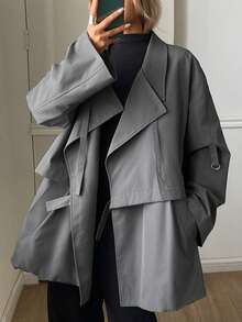 DAZY Jaket Trench Coat Kasual Urban Lengan Panjang Longgar Berkerah untuk Wanita, Musim Gugur - Dark Grey - View 1