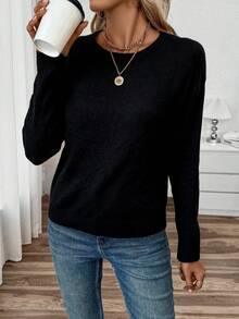 SHEIN PariChic Women's Solid Color Casual Versatile Daily Wear Long Sleeve Sweater - Black - View 4