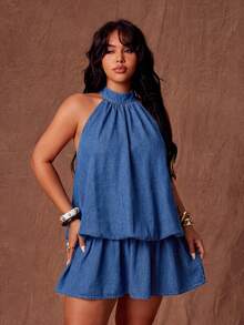 Slaydiva Gaun Denim Tanpa Punggung Model Halter Neck Ukuran Plus Kasual Seksi untuk Liburan, Kencan Malam Formal, Biru Musim Gugur - Coklat - View 7
