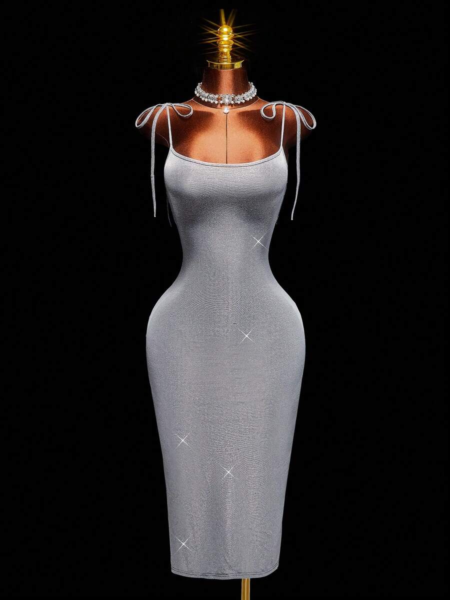 Amplova Sequin Square Neck Spaghetti Strap Bow Tie Backless Ruched High Slit Bodycon Straight Long Dress - Silver - View 1