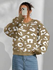 SHEIN Unity Loose Casual Versatile Leopard Print Sweater - Multicolor - View 4