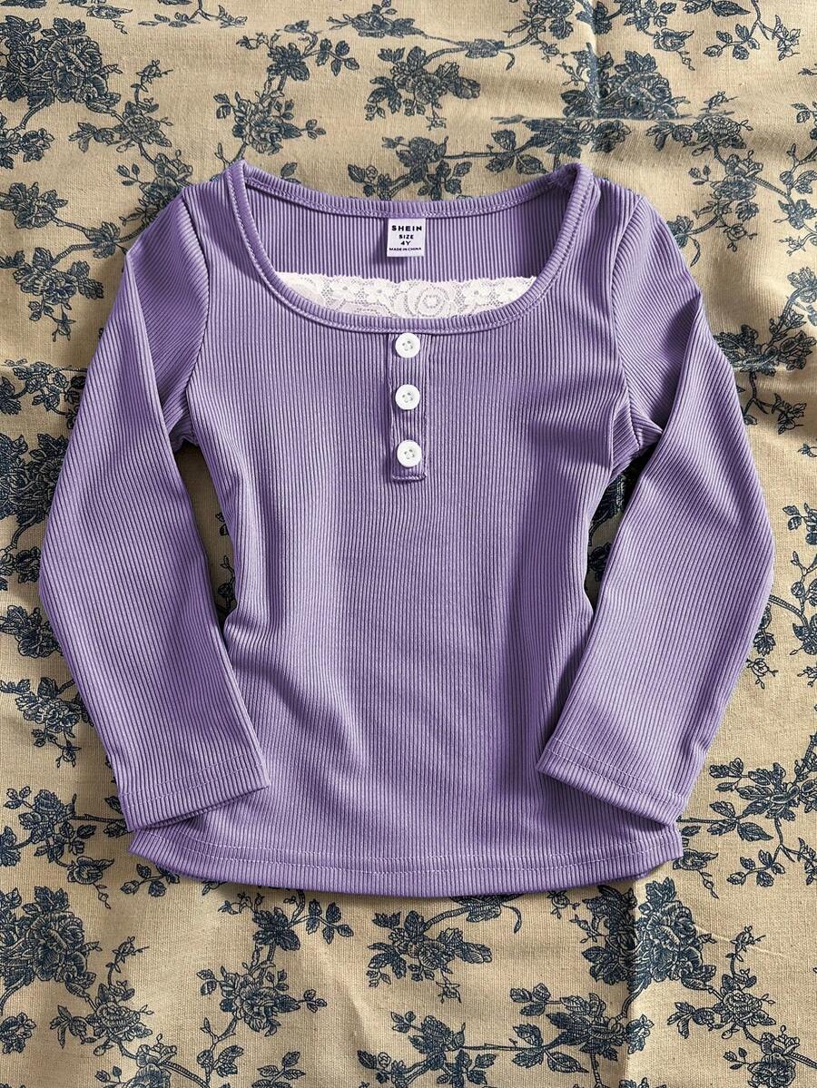 Genkimix Kids Young Girl Long Sleeve Lace Patchwork T-Shirt - Purple - View 1