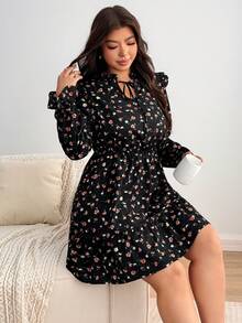 Enliva Plus Size Women's Apple Shape Black Floral Mini Dress, Long Sleeve Ruffle Trim Belted Dress Dinner Office Club Autumn Cute Boho Bohemian Fall - Black - View 4