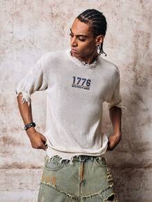 Skyrend Men's Casual Loose Comfortable Numeric Graphic Distressed Fringe Ribbed Crew Neck Short Sleeve Knit Top, Apricot, Spring/Summer Fall/Autumn/Winter Halloween Grunge - Apricot - View 7