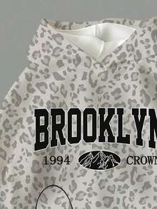 SHEIN Girlism 青少年女孩休閒極簡 BROOKLYN 熱銷豹紋時尚龐克寬鬆套頭連帽衛衣與緊身褲 2 件套，舒適長袖，適合秋冬，溫馨秋季與冬季風格，返校穿搭，街頭風，新款 - 彩色 - 查看 3