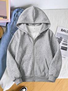SHEIN 青少年女孩秋冬日常長袖連帽外套，附口袋 - 灰色 - 查看 6
