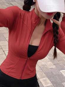 DAZY Women's Solid Color Elastic Small Stand Collar Slim Fit Long Sleeve Jacket, Sports Casual, Spring/Autumn - Pink - View 3