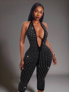SHEIN SXY Plus Size Women's Rhinestone Halter Neck Sexy Casual Jumpsuit - Black - View 2