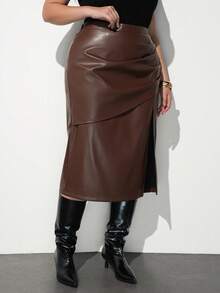 Maija Plus Size Fashion Street Style Ruched Front Slit PU Skirt Fall - Brown - View 3