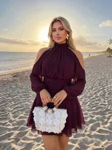 Auralis Plus Size Women's Solid Color Open Shoulder Long Sleeve Fashion Dress Wedding Vacation Wedding Guest Outfits Beach Burgundy Autumn Elegant Formal Fall - Burgundy - View 2