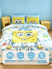 SpongeBob SquarePants | SHEIN 三件套動物卡通印花被套，拋光材質，柔軟保暖，藍色被套，雙面圖案，多種尺寸可選，適用於單人床/雙人床/加大床，絕佳禮物 - 淺藍色 - 查看 8