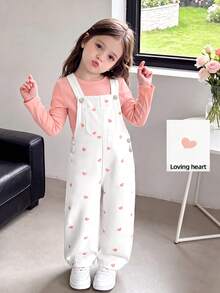 SHEIN 女童幼兒連身褲，愛心印花設計，柔軟棉質休閒款，時尚百搭，單件淺綠藍色丹寧休閒可愛愛心印花連身褲，適合外出與派對 - 白色 - 查看 1