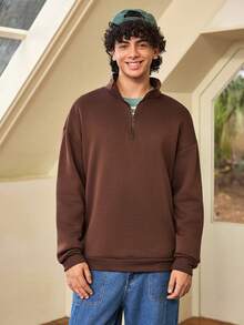 Whitmere Men's Stand Collar Zipper Half Placket Casual Versatile Commute Autumn/Winter Long Sleeve Sweatshirt - Brown - View 5