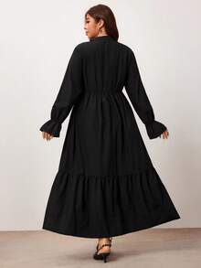 Enliva 大尺碼女款青蛙鈕扣長洋裝，立領長袖層次鬆身純黑色洋裝 - 黑色 - 查看 2