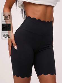 SHEIN BASICS Women's Solid Color Curved Waistband Casual Baggy Athleisure Athleisure Athletic Sporty Base Layer Shorts Gym Black Summer Gym Workout Gym - Black and White - View 1