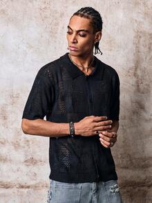 Skyrend Men Black Knit Cardigan, Polo Collar Short Sleeve Mesh Hollow Out Button Front Sweater Fall/Autumn/Winter Halloween Grunge - Black - View 7