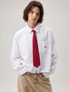 Vaulklash Men's Letter Embroidered Long Sleeve Shirt With Tie, Button Up Office Shirt - White - View 1