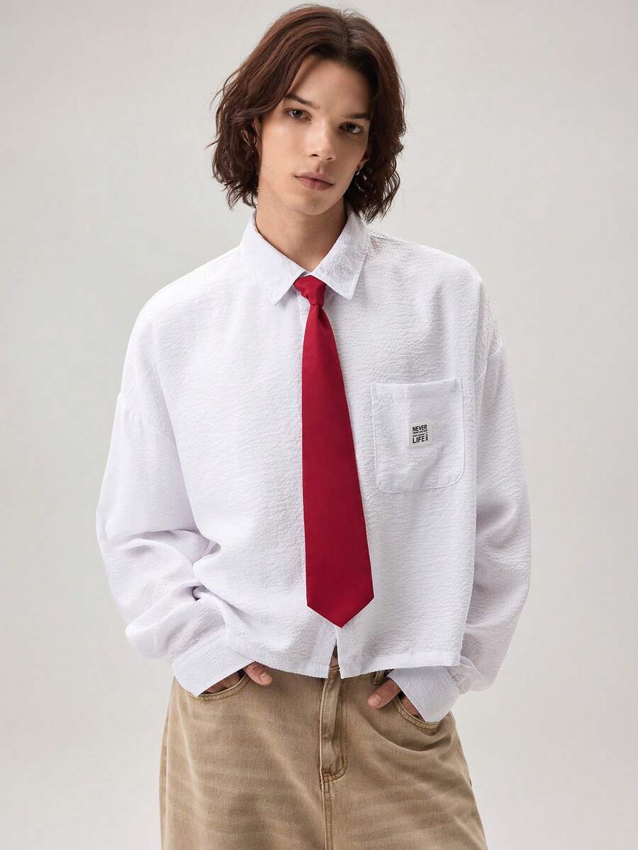 Vaulklash Men's Letter Embroidered Long Sleeve Shirt With Tie, Button Up Office Shirt - White - View 1