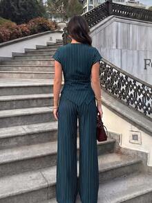 Firerie 女款休閒優雅格紋不對稱下擺襯衫與寬腿褲兩件套，適合通勤、時尚商務穿搭、夏季、辦公室，青色 - 水鴨藍 - 查看 2