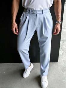 Manfinity Mode Men's Straight Leg Trousers,Light Blue Summer Casual Business Wedding Pants,Metal Buckle Textured Pleated Trousers,Loose Fit Commuter Formal Pants - Baby Blue - View 1
