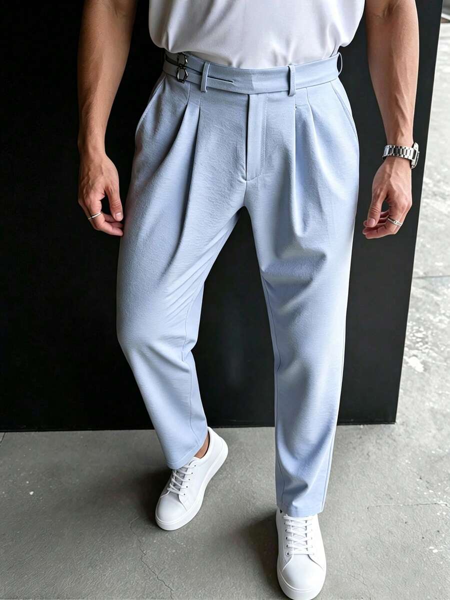 Manfinity Mode Men's Straight Leg Trousers,Light Blue Summer Casual Business Wedding Pants,Metal Buckle Textured Pleated Trousers,Loose Fit Commuter Formal Pants - Baby Blue - View 1