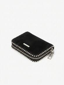 Viva Strut 1 Piece Women's Fashion Personalized Suede Short Wallet, Change Bag, With Ball Piping Design, Portable Wallet - Black - View 2