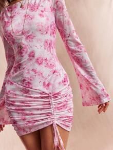 Willow Rêve Women's White And Pink Romantic Sexy Elegant Floral Elastic Mesh Ruched Flared Sleeve Mini Waist-Cinching Dress Valentine's Day Party Autumn - Pink - View 6