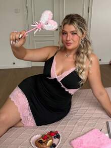 Slumberry CURVE Sweet INS Colorblock Criss-Cross Lace Patchwork Backless Hollow Out Spaghetti Strap Mini Sexy Knit Plus Size Nightgown - Black - View 6