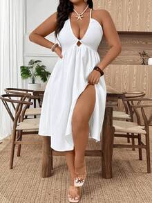 EMERY ROSE Plus Size Women Summer Solid Color Side Slit Hem Sexy Spaghetti Strap Dress - White - View 1