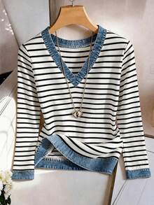 GlowEve Women's 2026 Autumn/Winter Casual Striped Mixed Material Patchwork Long Sleeve T-Shirt - White - View 1