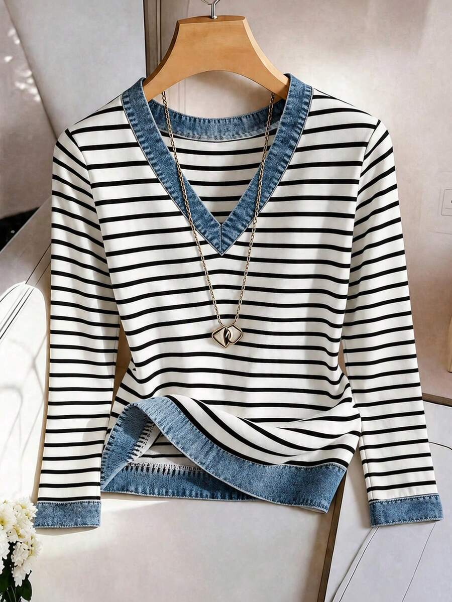 GlowEve Women's 2026 Autumn/Winter Casual Striped Mixed Material Patchwork Long Sleeve T-Shirt - White - View 1