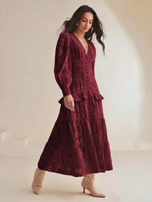 Anewsta V-Neck Puff Sleeve Cinched Waist Elegant Dress Maxi Women Outfit - Burgundy - View 4