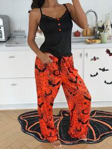 ZzzCrew Set Camisole dan Celana Panjang Slim Fit Motif Kelelawar & Laba-laba Halloween untuk Wanita - Hitam - View 6