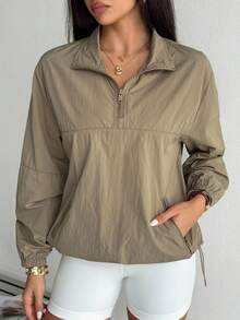 SHEIN Dewbera Women's Khaki Sports Jacket, Lightweight And Comfortable, Half-Zip Front With Small Stand Collar, Suitable For Daily Commute, Sports And Casual Wear, Fashionable And Versatile - Khaki - View 3